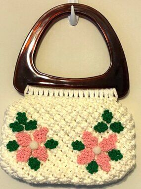 Macrame Crochet Shoulder Bag Purse Handmade Bohemian Lucite Handles Grandma Core